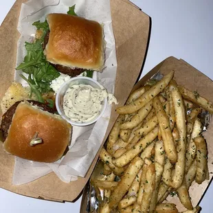 Veggie burger sliders and truffle fries