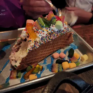 Unicorn Dreams Dessert Taco - yummy except for the hardened rainbow pieces