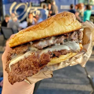a person holding a sandwich