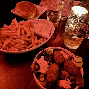 Falafel, Fries with Swiss Aioli, Parlour Burger, Old Fashioned, and Coffin Nail cocktail