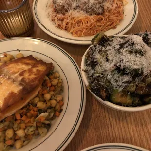 Salmon, Brussels, pasta
