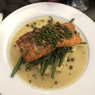 Salmon piccata with haricot verts and mashed potatoes.  It was AMAZING!!!