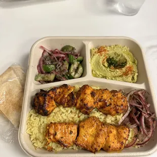Chicken Kabob Build A Plate - Spicy Hummus, cucumber salad, rice and chicken kabob