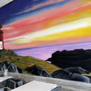 a lighthouse painted on the wall