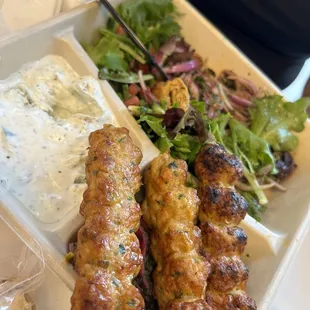 Chicken luleh with salad and yogurt dip