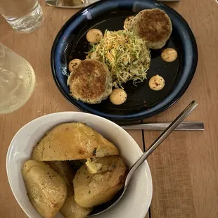 Crab cakes and lemon potatoes