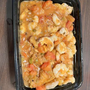 Catfish Lorell  (Catfish over rice with shrimp on top.)