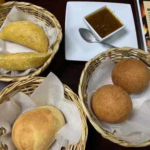 Empanadas, buñelos and pandebono.