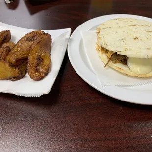 Arepa mixta with a side of maduros