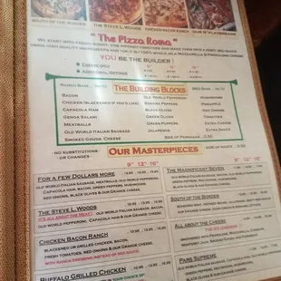 the menu for the pizza bar