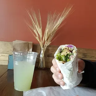Chicken shawarma wrap and cucumber chiller drink.