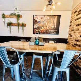 a dining table and chairs