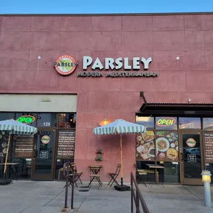 Dog friendly patio seating.