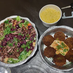 Beef salad w rice on the side, regular falafel. Enough for date night