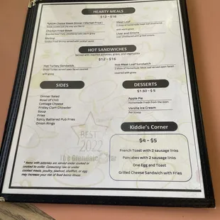 the menu and prices