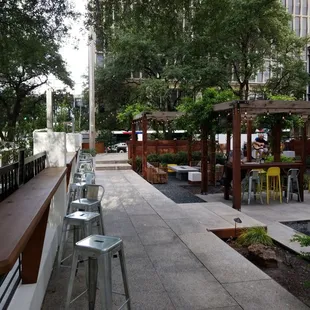 Outdoor patio bar with music playing.