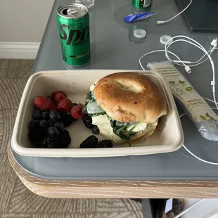 Egg white spinach bagel with a side of mixed berries. Highly recommend it.
