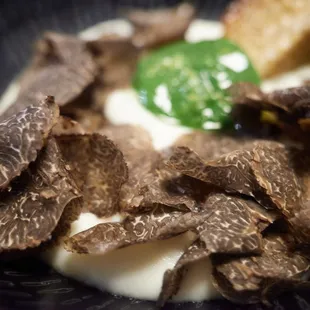 Leek, potato, spinach soup with potato foam, black truffle (upgrade) and citrus bread stick - Before the spinach soup