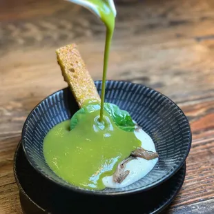 Potato foam maitaike mushroom country bread toasted leak and spinach soup
