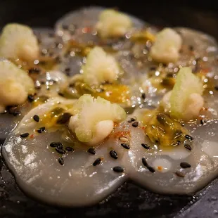Hokkaido scallop carpaccio, celeriac puree, passion fruit, toasted sesame oil (Aug 2022 menu)
