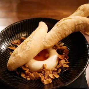 Goat cheese nougat, white balsamic vinegar and honey reduction (Aug 2022 menu)