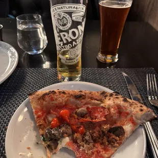 Pizza (1/4 of the pie), a Peroni draft and Hefeweizen draft. YUM!