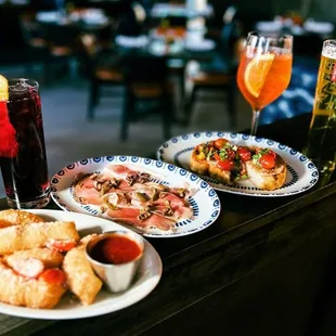plates of food and drinks