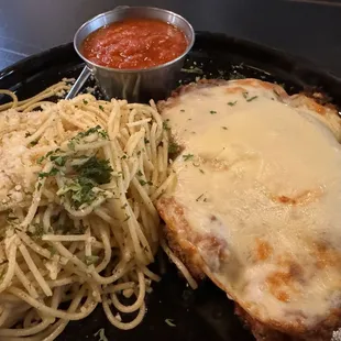 Chicken Parmesan w garlic oil noodles
