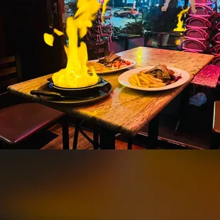 Saganaki Flambé, gyro sandwich/ platter