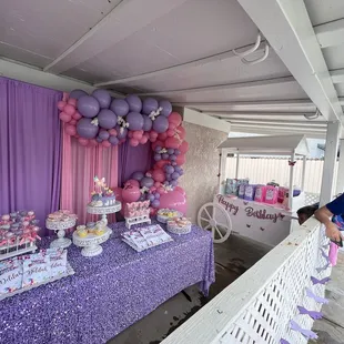 Backdrop, ballon arch, candy cart and dessert table