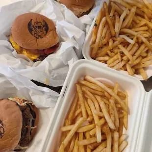 Fries, garlic fries, burgers and chicken sando