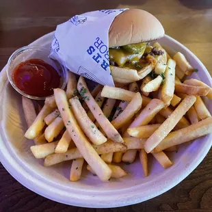 Brisket Double Cheeseburger and a side of French Fries