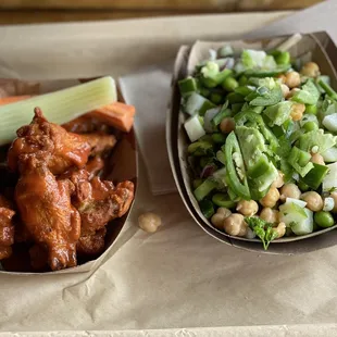 Wings and edamame salad