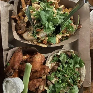 Hipster Poutine, Buffalo wings, bulgogi tacos