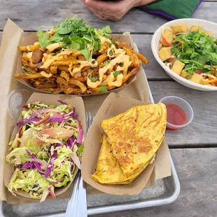 Brussel sprouts salad,  roti eggplant, udon salad and Korean fries thing