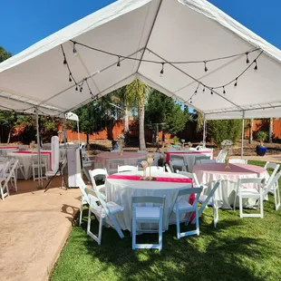 Engagement party in Elk Grove, CA. We did the tent, tables,  resin chairs,  tables covers and decorations as well. Tent rentals. Rent a tent