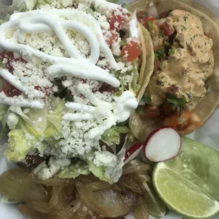 Flautas on the left and shrimp taco on the right