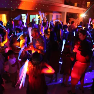 Private home back yard)... LED up-lights and our great LED dance floor lights... create a great effect at night.