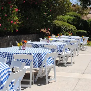 Party #1. Blue checkered table cloths 72" round tables. White padded chairs.