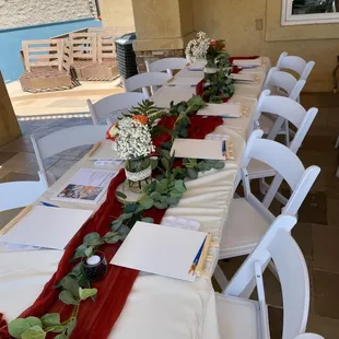 White Resin Chairs, ivory linen, 6 foot rectangle table