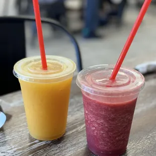 Mango and blackberry drinks blended with ice.