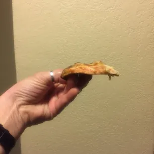 a hand holding a piece of pizza