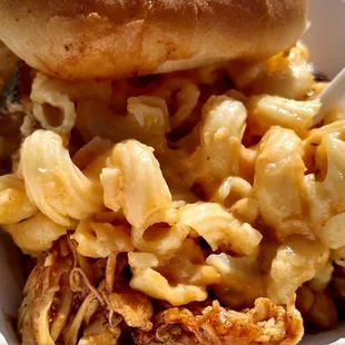 Mack Daddys: Pulled chicken (Or pork) with mac and cheese and choice of sauce.