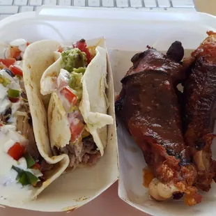 Smoked Pork Tacos - Smoked pork w/ grilled veggies, pico de gallo, guac, cilantro sour cream &amp; honey jalapeños. Smoked Turkey Wings