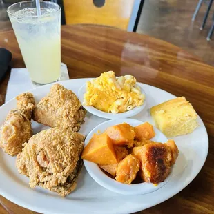 Fried chicken, yams, Mac &amp; cheese, cornbread, peach lemonade