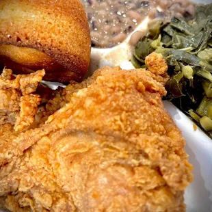 fried chicken, beans, and greens