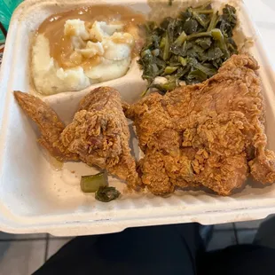 Fried chicken with collard greens and mashed potatoes!