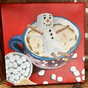 Acrylic painting of a Marshmallow hot chocolate hot tub by Tracey Brauer