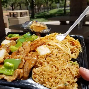 Enjoying a picnic featuring China Go Go beef pepper steak on this beautiful breezy day following a heatwave.