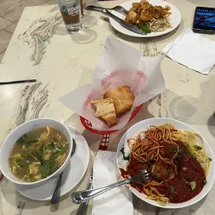 Wonton Soup, Pasghetti Mini and shrimp pad Thai